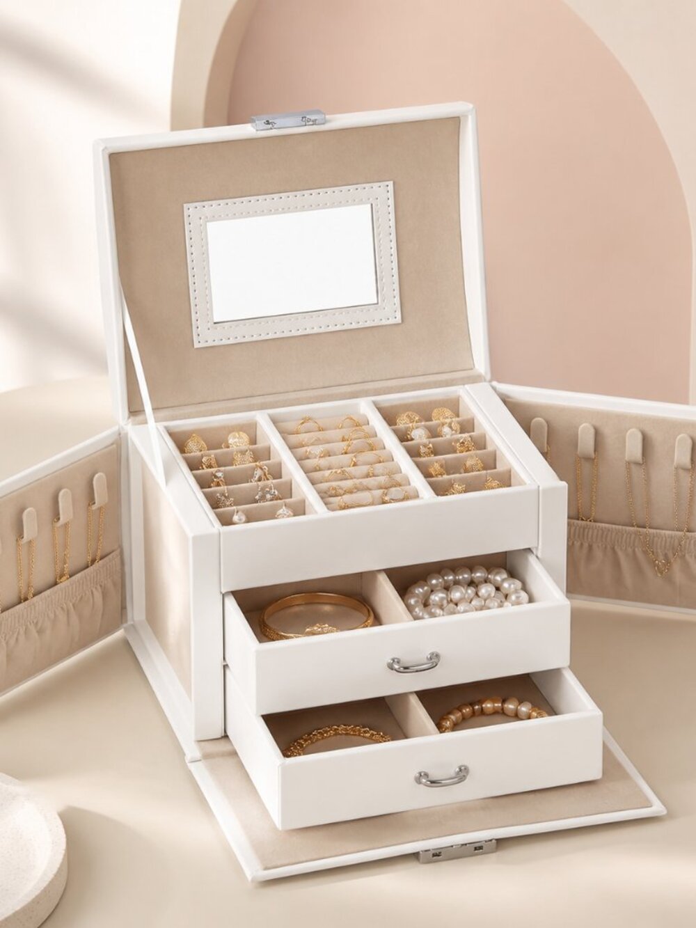 White 3-Tier Jewelry Box with Mirror, Drawers, Hooks and Lock